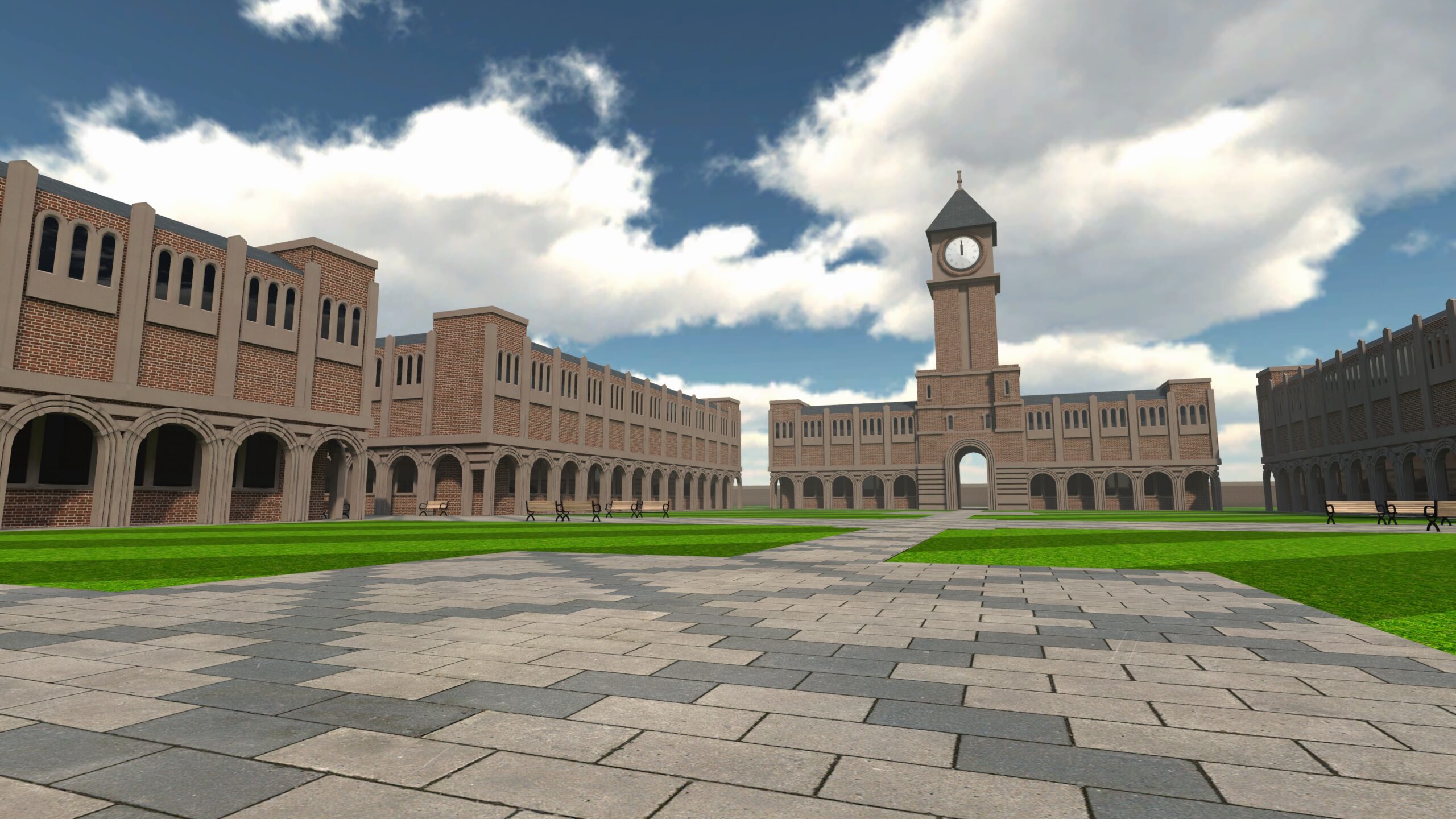 Picture 2 – Victory XR Campus Quad, has virtual grass and pavement, buildings, a clock tower