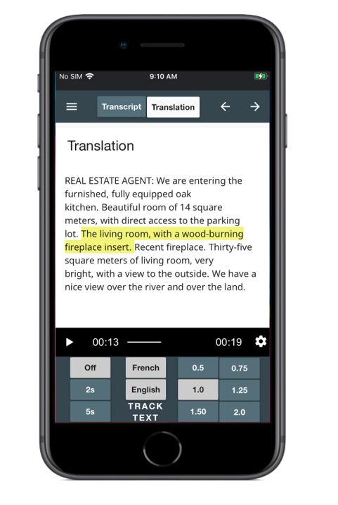 Picture 5 - Lectica features highlighting in its translation tool so users can follow along with the text as they move through the lessons, shows a translation with one sentence from a paragraph highlighted.