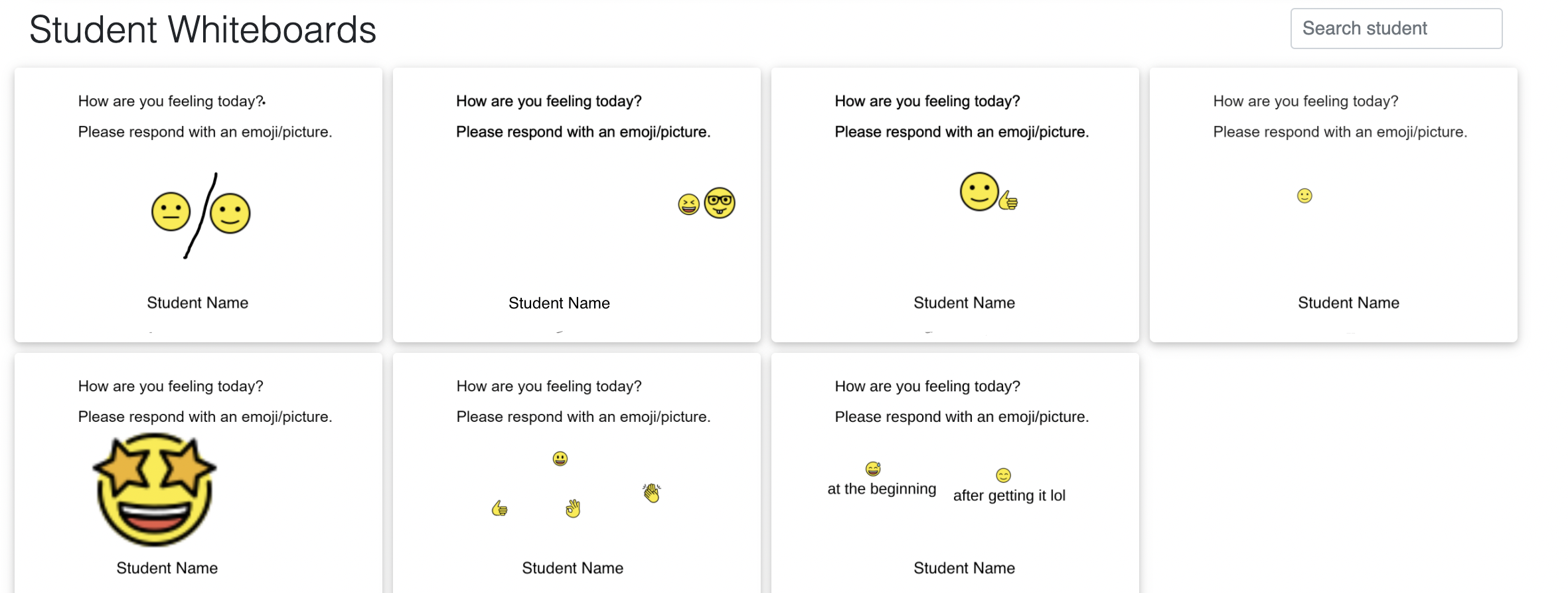 Picture 5 - Teacher view of students’ whiteboards as they reflect, students have annotated whiteboards using emojis