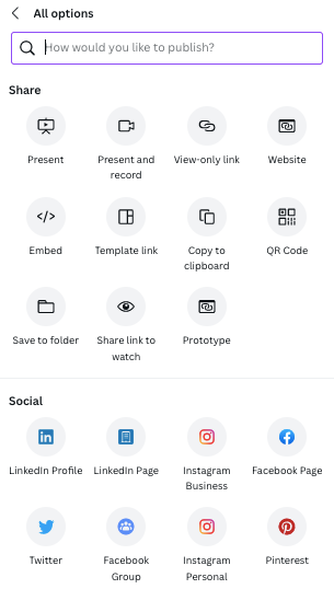 Picture 2 – Share options in Canva - present, present and record, view-only link, website, embed, template link, copy to clipboard, QR code, save to folder, share link to watch, prototype, linked in profile, linked in page, instagram business, facebook page, twitter, facebook group, instagram personal, pinterest