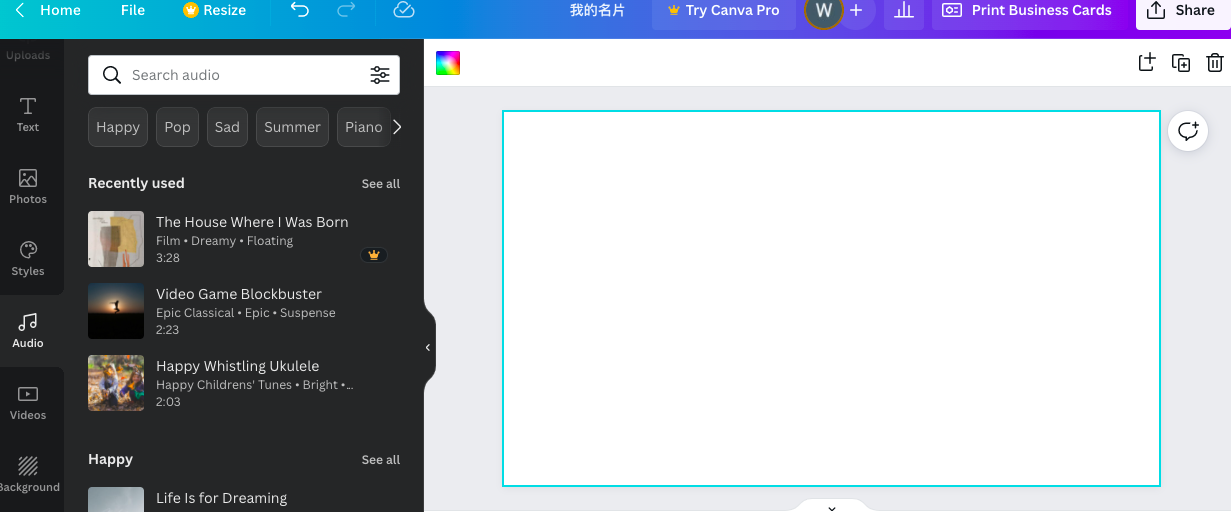 Picture 7 – Adding music in Canva - shows the Canva interface