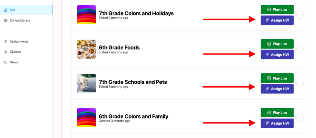 Picture 8 - A Kit assigned as homework - 7th Grade Colors and Holidays, 6th Grade Foods, 7th Grade Schools and Pets, 6th Grade Colors and Family - play live vs. assign HW