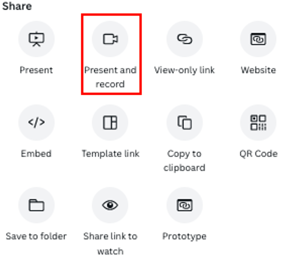 Picture 8 – Present and record in Canva - has options for sharing with "present and record" highlighted