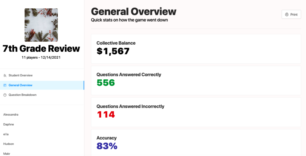Picture 9 - A live game’s reports - 7th Grade Review - General Overview - Collective Balance $1567, Questions Answered Correctly 114, Questions Answered Incorrectly 114, Accuracy 83%