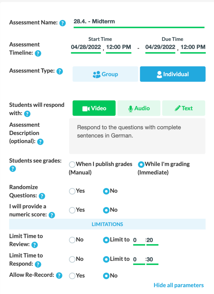 Picture 1 - Creating an assignment in Extempore - some parameters include: assessment name, assessment timeline, assessment type, how students will respond, assessment description, when students see grades, whether questions are randomized, whether a numeric score will be provided, whether students have a time limit to review or respond, whether students can re-record