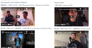 Picture 3 - Sample Page from Student Dossier: shows student in 4 videos - coursework and creative projects, song covers, beginning chinese dialogue, chinese poem