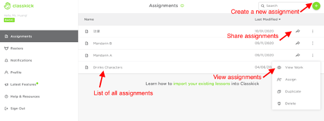 Picture 3 - Teacher’s Dashboard in Classkick - Create a new assignment, Share assignment, View assignments, List of all assignments
