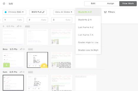 Picture 6 – Teacher’s view of student work - has thumbnail view of slides, they can be sorted and filtered in various ways