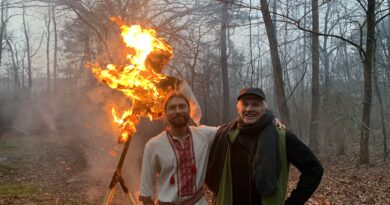 Picture 3 - At the Russian House, students burned winter in effigy and served bliny (Slava Trotz and Mark Preslar)
