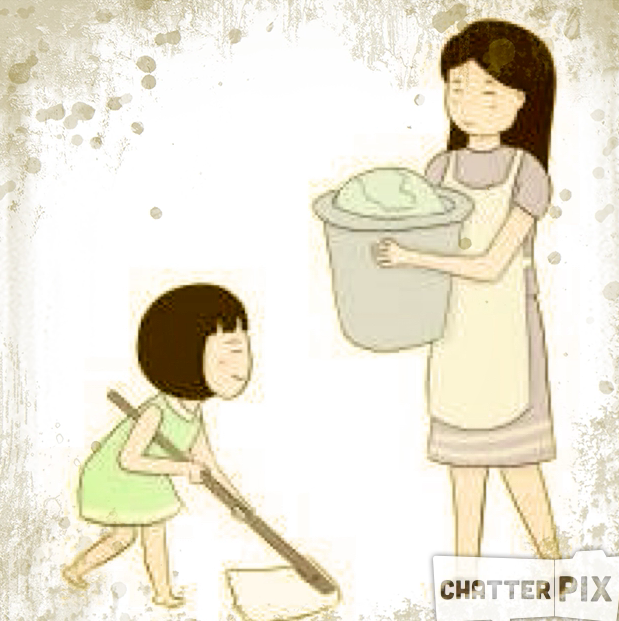 Picture 2 – A ChatterPix Presentational Task Example - mom with a bucket of water, child with a mop
