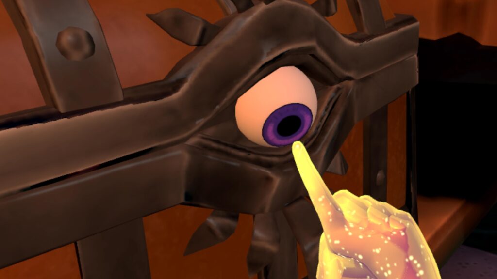 Screenshot of a user's hand pressing an eyeball shaped lock on a chest