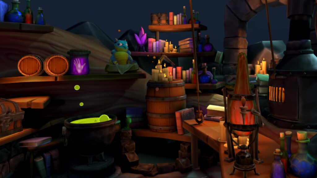 Picture of the witches's laboratory with wooden barrels, wood burning stove, books, tables and shelves, a cauldron filled with a green bubbly liquid, and some candles.