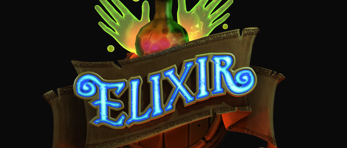 Elixir logo, with potion bottle and a pair of hands.