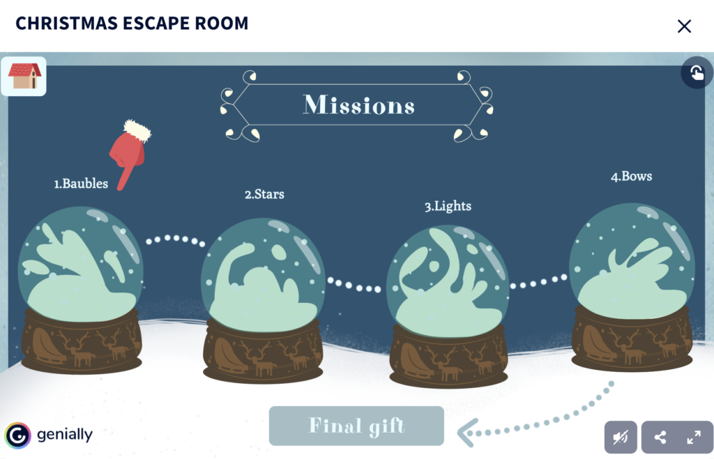 Picture 11 – Christmas escape room mission template in Genially - each section is represented by a snow globe and the sections are: baubles, stars, lights, bows.