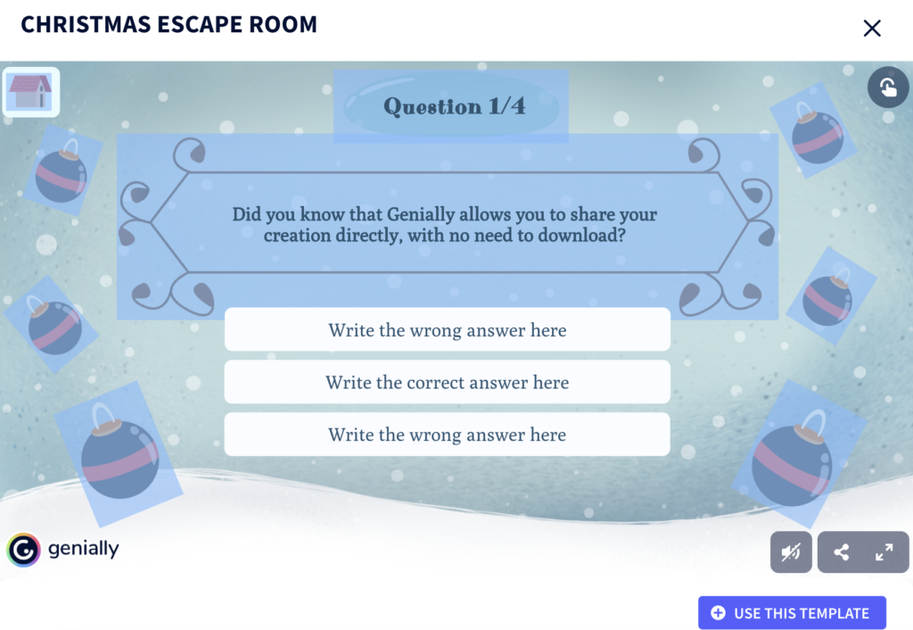 Picture 12 – Christmas escape room question template in Genially - It has a sample question with Christmas decorations around it