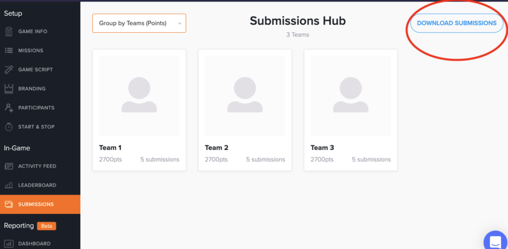 Picture 13 – Submissions Hub - Shows 3 teams: Team 1 (2700 points, 5 submissions), Team 2 (2700 points, 5 submissions), Team 3 (2700 points, 5 submissions), and a button labeled "Download submissions"