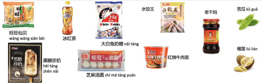 Picture 14 – Asian supermarket products on a field trip - pictures of 10 varied food products with labels in Chinese and transliteration of Chinese