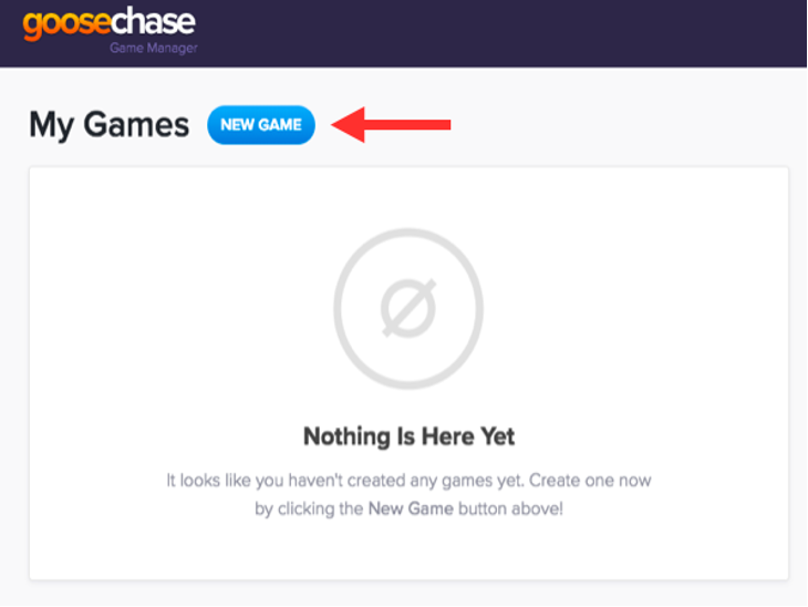 Picture 2 – Creating a new game - GooseChase My Games, arrow pointing to button with label "New game"