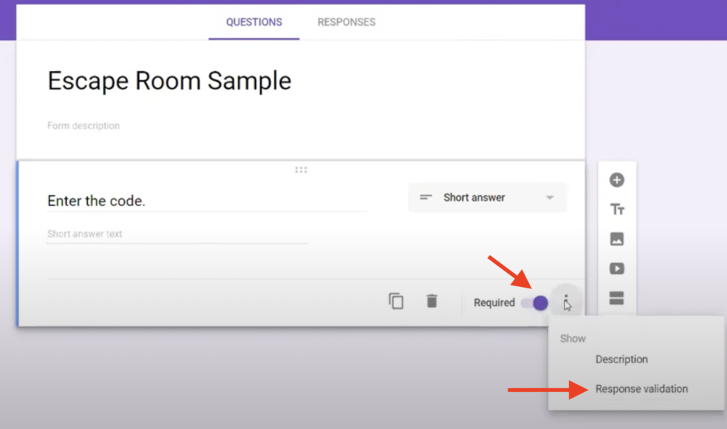 Picture 4 – Setting up answers to questions in a Google Form - A Google form - you check "Required" and "Response validation" to set up answers to questions