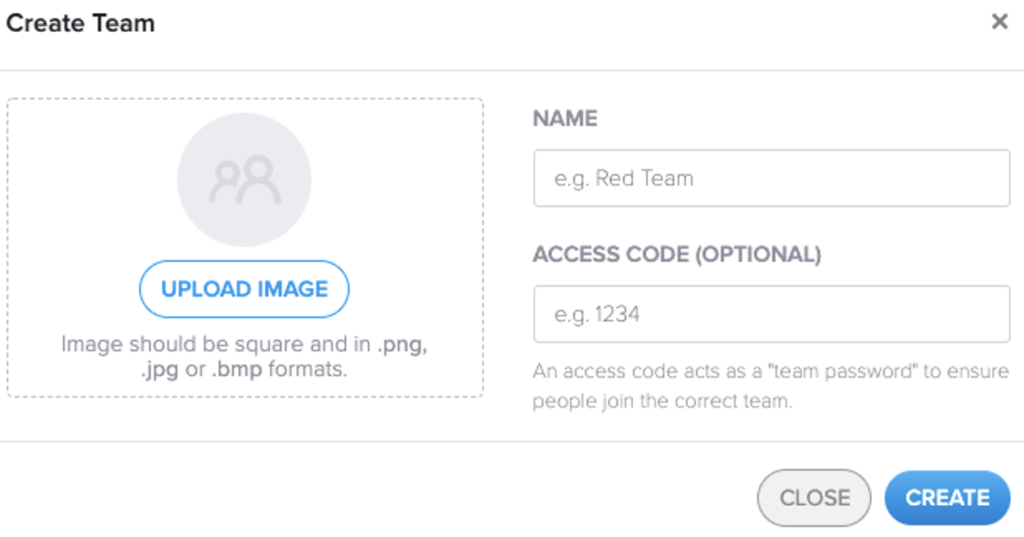 Picture 8 – Creating teams - When creating a team, you can upload an image, give it a name, and give it an access code (optional)