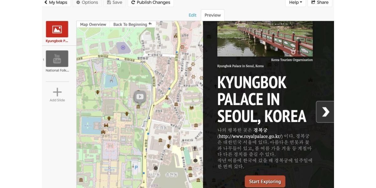 map on the left. on the right there is an image of a bridge and text that says Kyungbok palace in Seoul, Korea