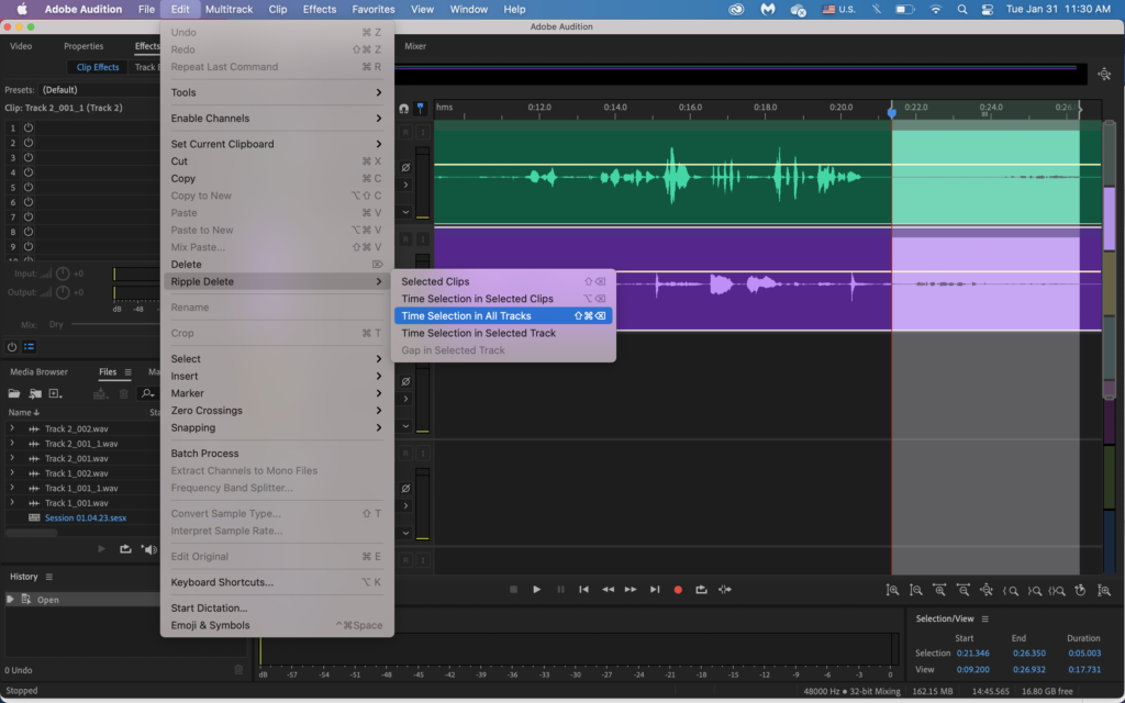 Picture 3 - Adobe Audition editing mistakes - showing the editing software with some audio waves and part of it selected, with the command "time selection in all tracks" selected.