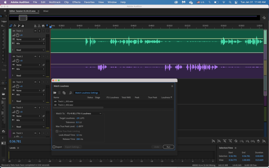 Picture 4 - Adobe Audition editing before “Match loudness” - shows audio editing interface with some audio waves showing, and a window selected with options related to "match loudness"