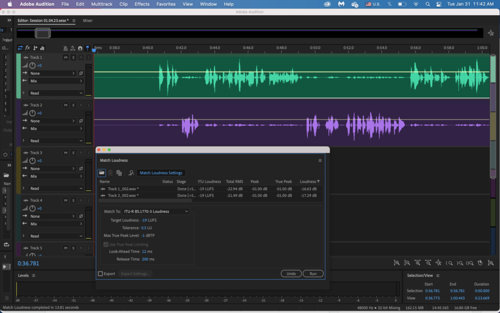 Picture 5 - Adobe Audition editing after “Match loudness” - audio interface with audio waves showing and window with options related to "match loudness" selected