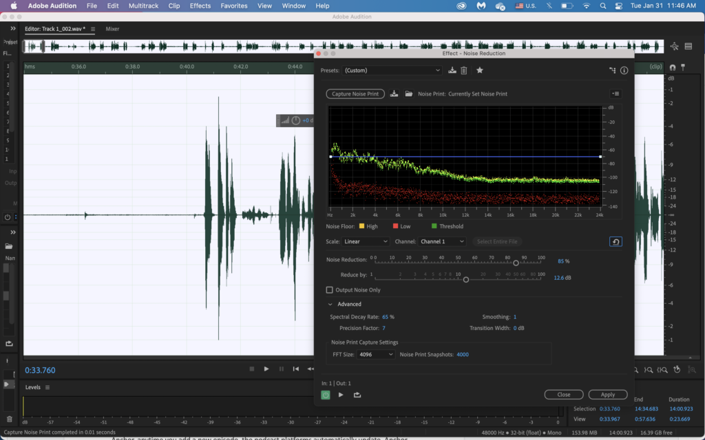 Picture 6 - Adobe Audition editing noise reduction - audio editing software with audio waves and a window showing options related to noise reduction