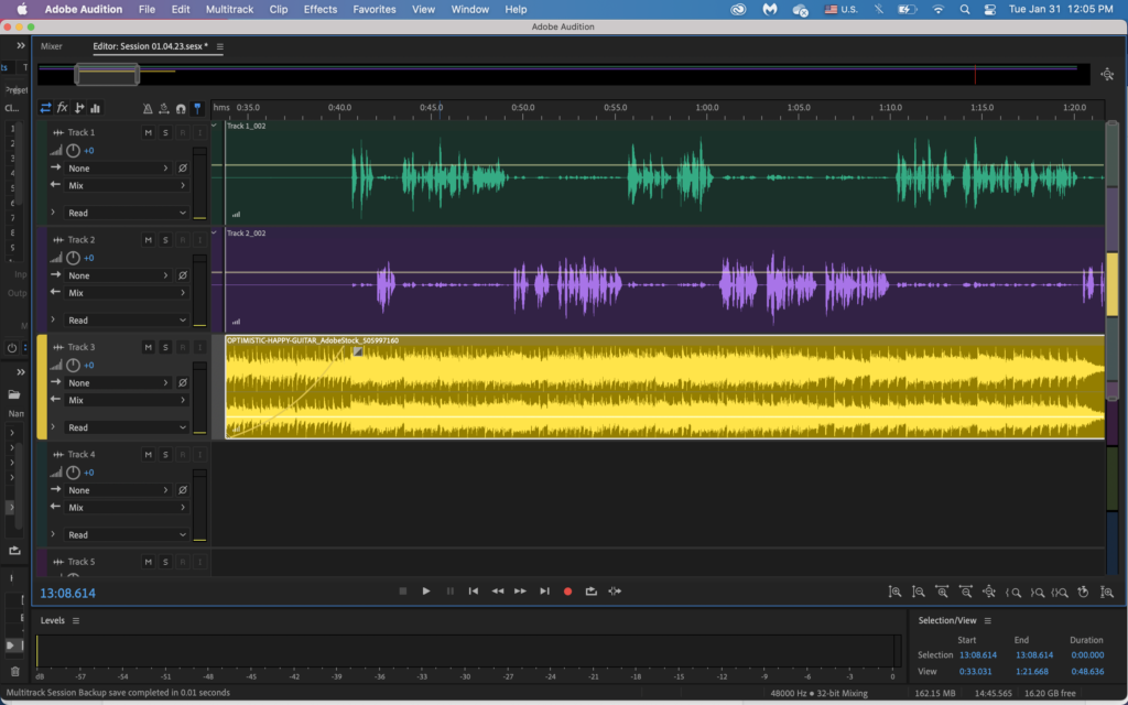 Picture 8 - Adobe Audition editing background music - audio editing software interface with 3 audio tracks visible - two that are speaking and one that is music
