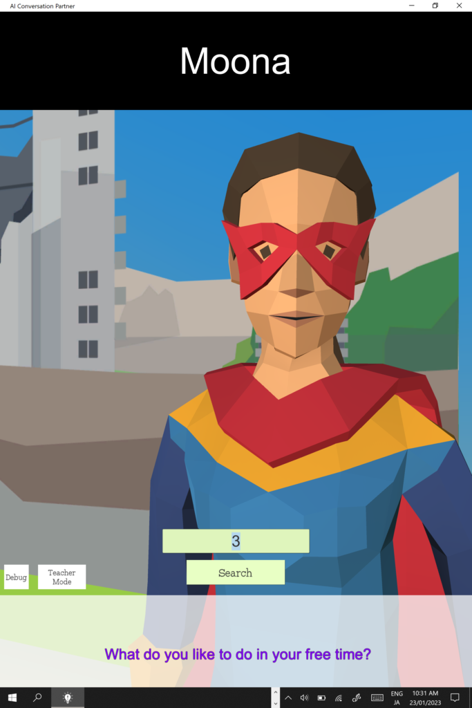 Picture 2 - An example of a student-created AI conversation partner - Moona the Japanese comic action hero - Has an avatar of a comic book hero named Moona - the character is wearing a mask and cape. A conversation question is written on the screen: What do you like to do in your free time?