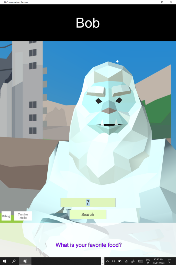 Picture 3 - An example of a student-created AI conversation partner - Bob the Yeti - has an avatar that looks like a Yeti that is named Bob. The conversation question "What is your favorite food?" is written on the screen under Bob.