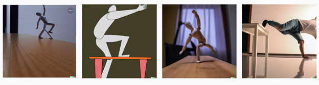 Picture 10 - Images generated with prompt “una persona que está bailando encima de una mesa“ (“a person who is dancing on top of a table”) - the first picture has someone dancing on a floor, the second picture has someone stepping on a table, the third image has a person dancing on a table, the fourth image has a person stepping down from a table