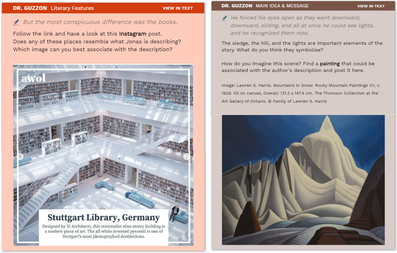 Picture 4 - Multimodal prompts - literary features and main idea and message - quote: But the most conspicuous difference was the books. Follow the link and have a look at this Instagram post. Does any of these places resemble what Jonas is describing? Which image can you best associate with the description? Below is an image of a large library with caption: Stuttgart Library, Germany; quote: He forced his eyes open as they went downward, downward, sliding, and all at once he could see lights, and he recognized them now. The sledge, the hill, and the lights are important elements of the story. What do you think they symbolize? How do you imagine this scene? Find a painting that could be associated with the author's description and post it here. Below is an image that looks like an icy landscape.