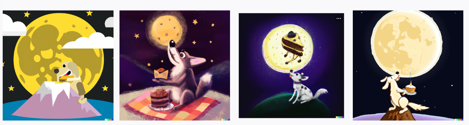 Picture 2 - Images generated by the prompt “a dog eating cake on the moon” - the first one has a dog on a crater eating cake with the moon in the background; the second one has the dog eating cake on a picnic blanket with the moon in the sky; the third one has a dog looking at the moon and a piece of cake floating by the moon; the fourth one has a dog on a crater with a piece of cake looking at the moon, which is in the sky