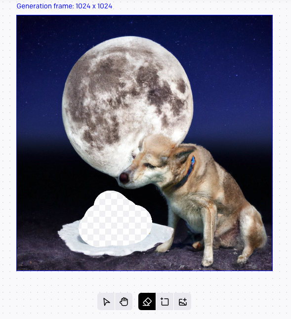 Picture 5 - Image with the dog’s cake removed - shows the dog with a plate with the moon behind him, but the cake has been removed from the photo