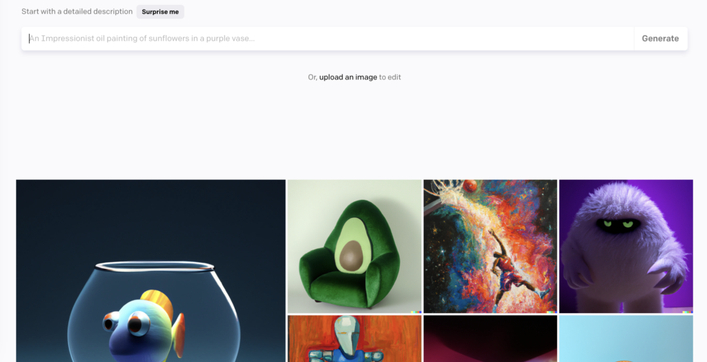 Picture 1 - The main DALL·E page - it says: Start with a detailed description, and with a button that says Generate. Below it has various images that were generated by users - a fish in a bowl. A chair that looks like an avocado, a superhero flying in the air, and a sinister-looking yeti