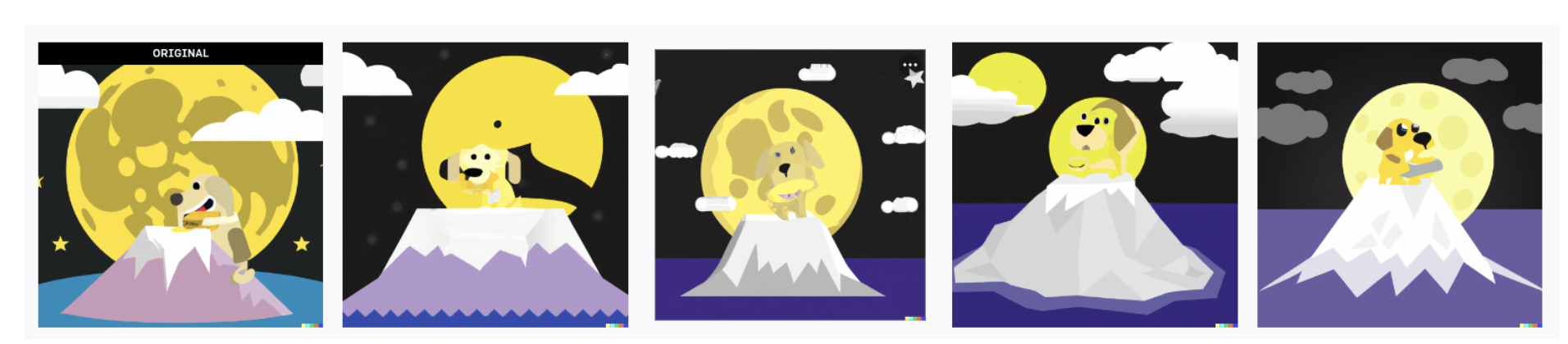 Picture 3 - Variations on the dog image - the original image is on the left with 4 variations on the right. all have the dog on a purple crater or a purple planet with the yellow moon behind him and some clouds in the sky.