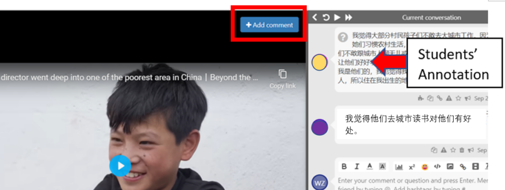 Picture 1 - Video and student annotations - shows a video interface with a button that says "Add comment", with student annotations on the right in Chinese