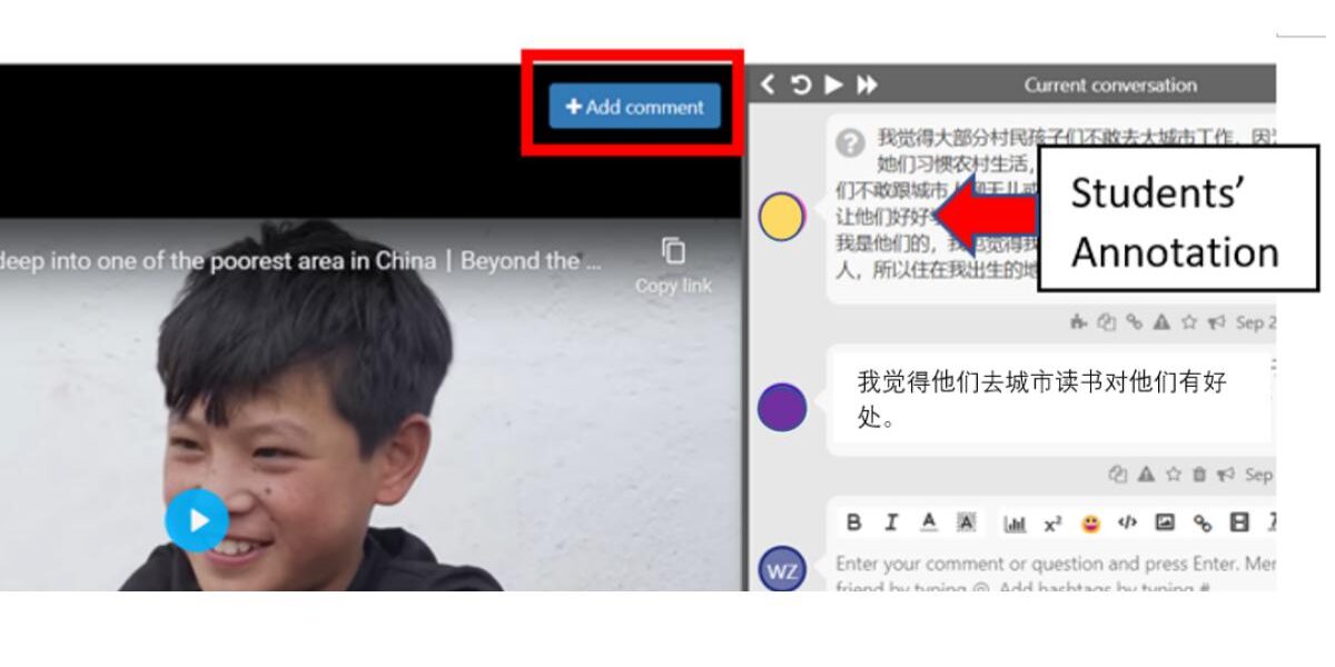Picture 1 - Video and student annotations - shows a video interface with a button that says "Add comment", with student annotations on the right in Chinese