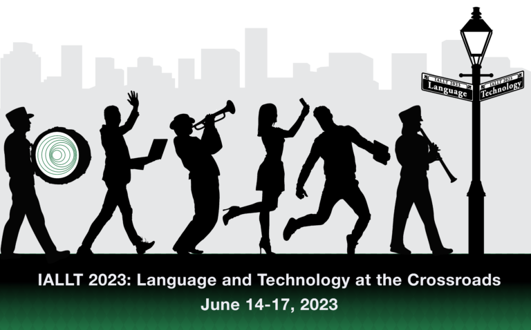 IALLT 2023: Language and Technology at the Crossroads, June 14-17, 2023 - picture of people with musical instruments and computers walking in a parade