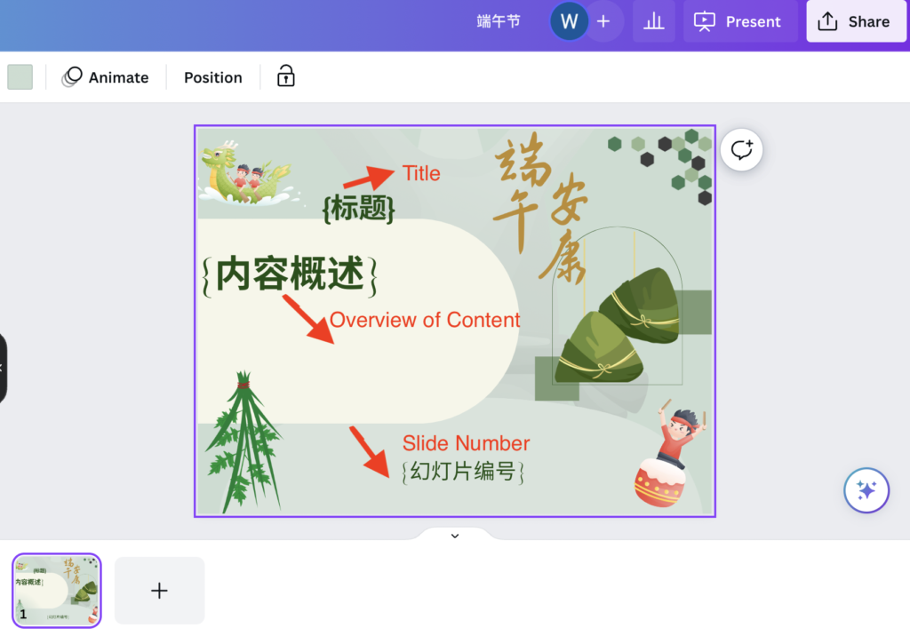 Picture 1 – A sample presentation slide in Chinese; it has some images related to dragon boats, like the boats, some writing in Chinese, some food, some mugwort hanging, and a person playing a drum. There are several captions, including "Title", "Overview of Content" and "Slide Number"