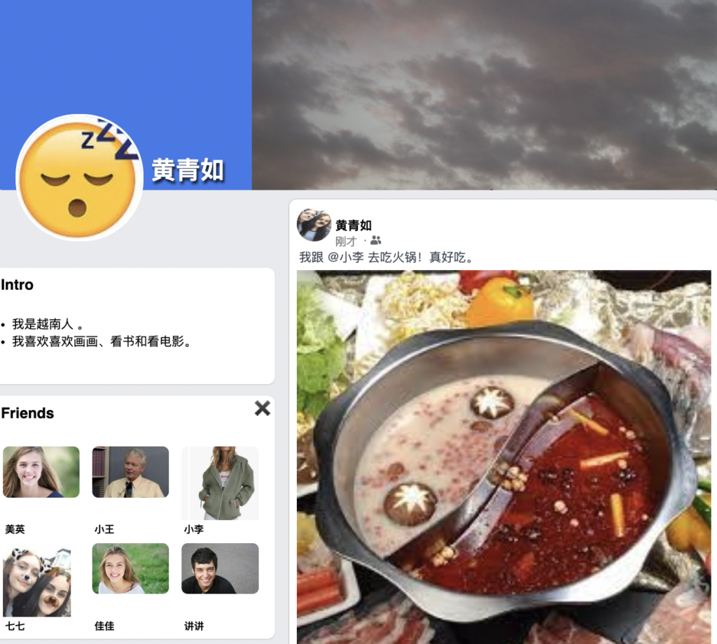 Picture 15 – One Fakebook landing page example - Has a sleepy emoji as the profile picture and a picture of the sky as a cover photo. Has several sentences in Chinese for an intro. Has photos and names in Chinese under Friends, and a post with a photo of some food and descriptions for the post in Chinese.
