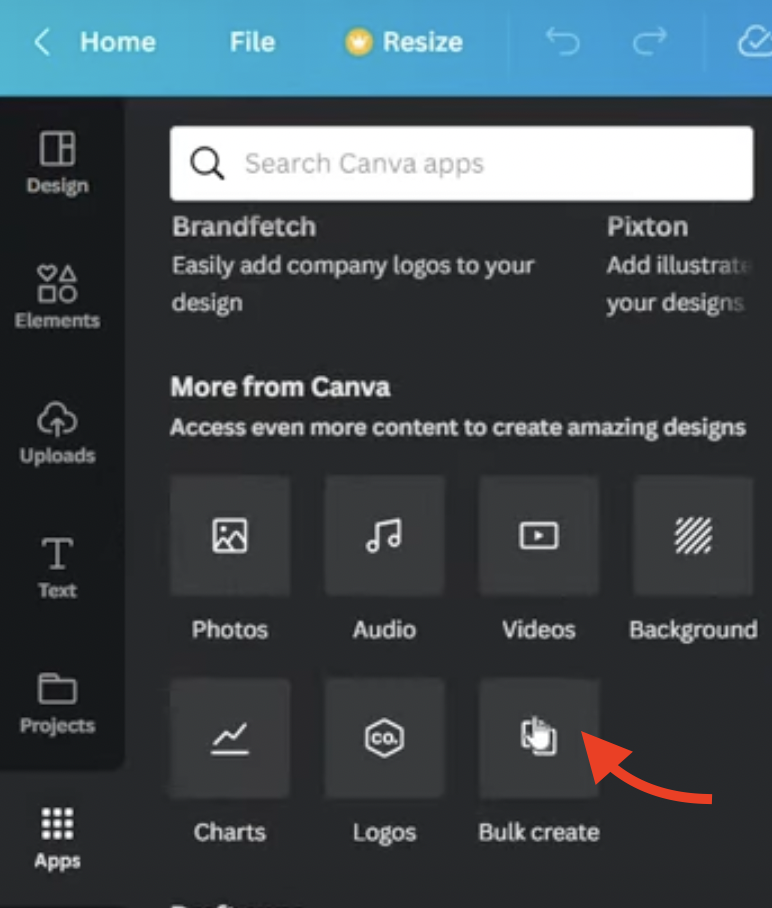 Picture 2 – Bulk create in Canva - interface has several buttons, including Photos, Audio, Videos, Background, Charts, Logos, and an arrow pointing at Bulk create