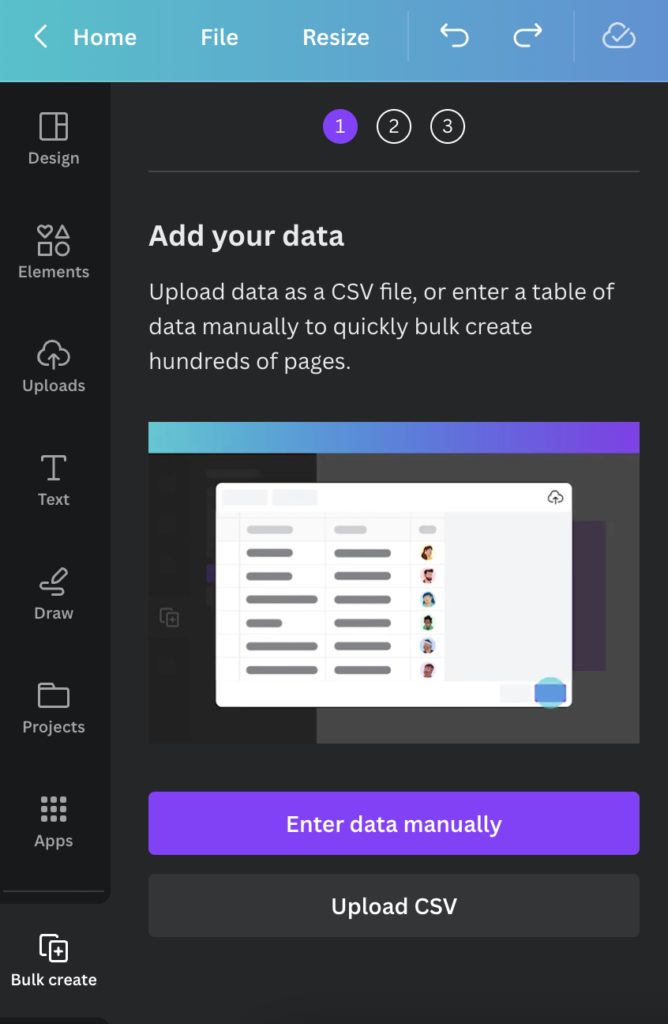 Picture 3 –  Enter data in Bulk create - Add your data: Upload data as a CSV file, or enter a table of data manually to quickly bulk create hundreds of page. buttons that say Enter data manually, Upload CSV