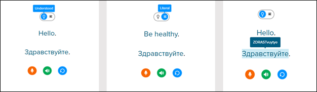 Picture 2 – Vocabulary-focused Slide - Understood - Hello. / Здравствуйте.; Literal - Be healthy. / Здравствуйте.; Hello. mouseover with ZDRASTvyute; all three slides have a microphone button, speaker button, and repeat button