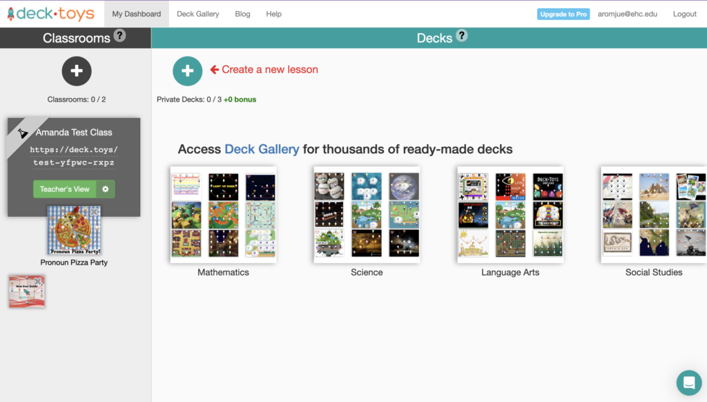 Picture 2 - Create a new lesson arrow, text, and plus symbol button - shows the Deck.Toys interface with a plus and and arrow pointing to it saying "Create a new lesson". The screen also says Access Deck Gallery for thousands of ready-made decks, including in these areas: Mathematics, Science, Language Arts, Social Studies