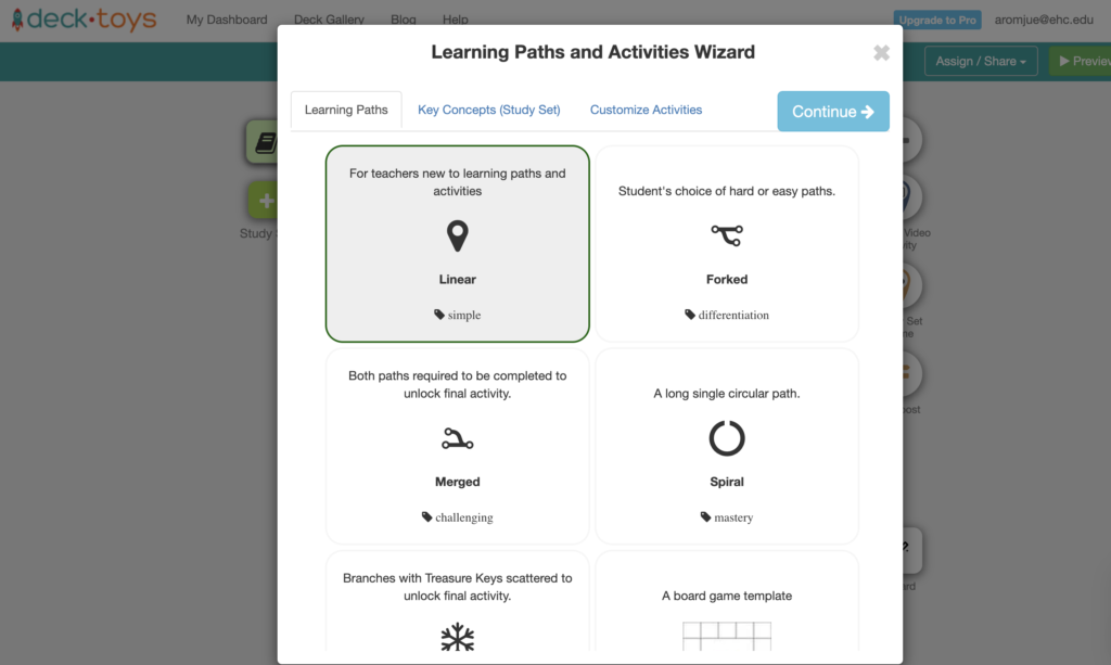 Picture 3 - Learning Paths and Activities Wizard - tabs: Learning Paths, Key Concepts (Study set), Customize Activities. For teachers new to learning paths and activities - Linear, simple; Student's choice of hard or easy paths - Forked, differentiation; Both paths required to be completed to unlock final activity - Merged, challenging; A long single circular path - Spiral, mastery; Branches with Treasure keys scattered to unlock final activity; A board game template