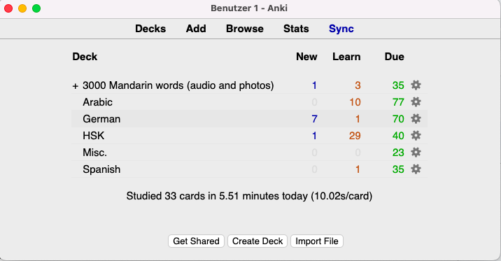 Picture 4 - A user’s Anki desktop interface showing a number of different decks and other options and statistics - Deck name, "New", "Learn", "Due". Studied 33 cards in 5.51 minutes today (10.02s/card)
