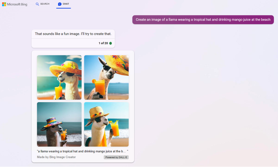 Picture 1 - Bing Chat Generated Image of a Llama Wearing a Tropical hat and Drinking Mango Juice at the Beach - Prompt: Create an image of a llama wearing a tropical hat and drinking mango juice at the beach. Bing chat responds: That sounds like a fun image. I'll try to create that. Then there are 4 pictures of llamas with hats on on a beach and drinking a drink.